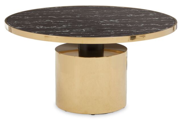 Orsina Black Marble‑Effect Coffee Table with Gold‑Finish Base, Round Black Marble‑Effect Tempered Glass Top in Gold - image 1