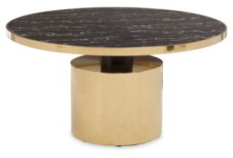 Orsina Black Marble‑Effect Coffee Table with Gold‑Finish Base, Round Black Marble‑Effect Tempered Glass Top in Gold