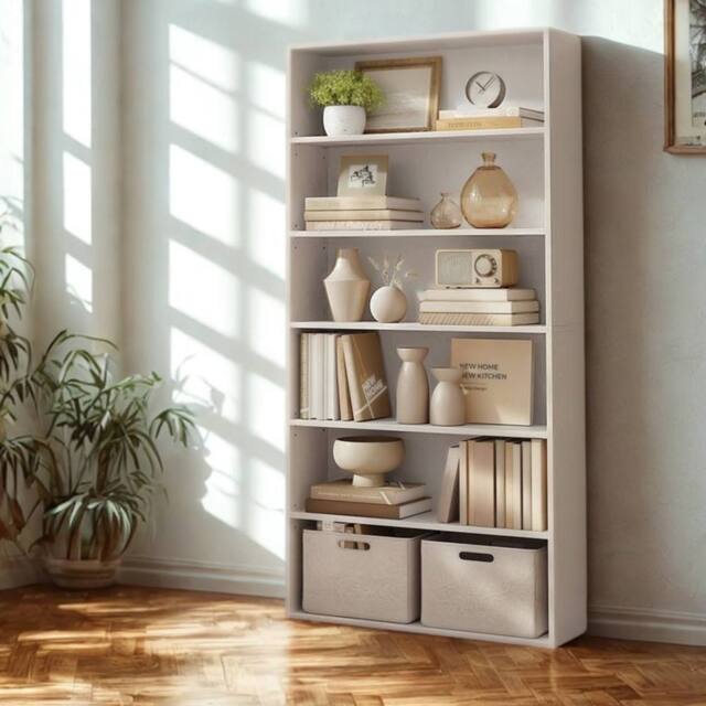 Pirlo Plush 5 Tier Free Standing Bookcase Shelf For Living Room Storage in White - image 1