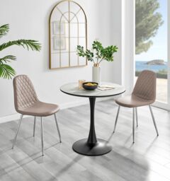 FurnitureboxUK Elina White Marble Effect Scratch Resistant Dining Table & 2 Corona Silver Chairs in Beige