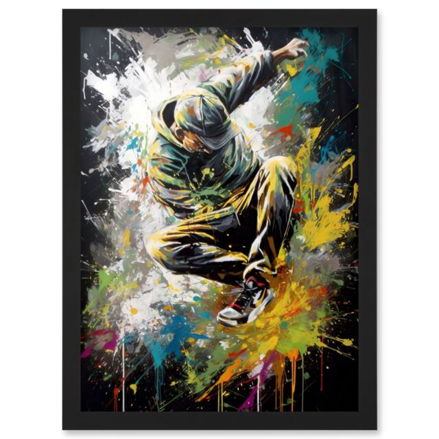 Artery8 Break Dancer B-Boy Dancing Splatter Paint Portrait Artwork Framed Wall Art Print A4 in Black - image 1