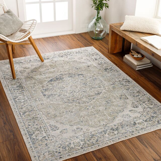 Livabliss Lilian Washable Grey Blue Vintage Traditional Boho Living Dining Rug in Olive - Size: 160 cm x 215 cm - image 1