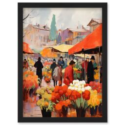 Artery8 Wall Art Print Busy Flower Market Warm Amber Orange Yellow Oil Painting Artwork Framed A4 in Black - thumbnail 1