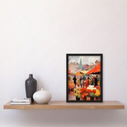 Artery8 Wall Art Print Busy Flower Market Warm Amber Orange Yellow Oil Painting Artwork Framed A4 in Black - thumbnail 2