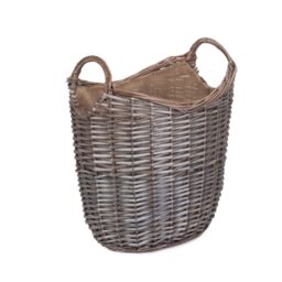 Red Hamper Wicker Scoop Neck Antique Wash Hessian Lined Log Basket in Brown