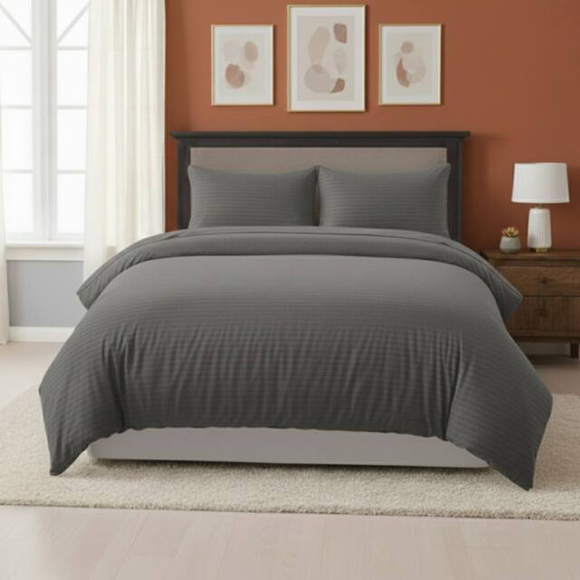 Snug City Embossed Stripe Duvet Cover Soft Microfibre Bedding with Pillowcases in Grey - Size: Single - image 1