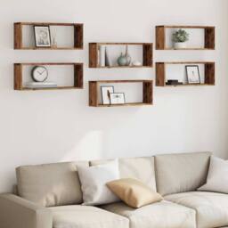 Berkfield Home Wall Cube Shelves 6 pcs Old Wood 60x15x23 cm Engineered Wood in Brown - Size: 60 x 15 x 23 cm - thumbnail 1