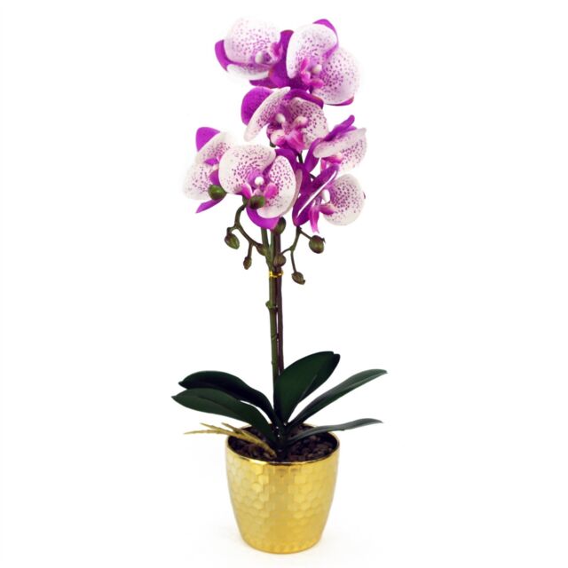 Leaf 50cm Phalaenopsis Orchid Artificial - Purple / White - Gold Pot in Pink - image 1
