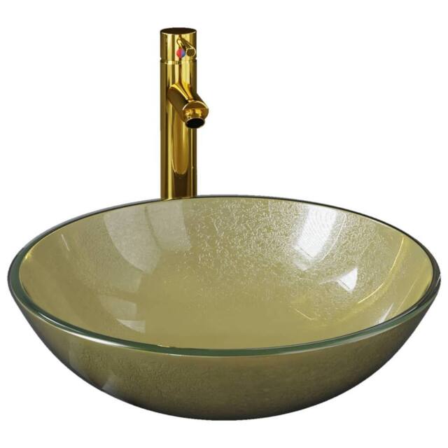 Berkfield Home Bathroom Sink with Tap & Push Drain Gold Tempered Glass - image 1