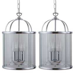 First Choice Lighting Set of 2 Polished Chrome Lantern Pendants in Silver