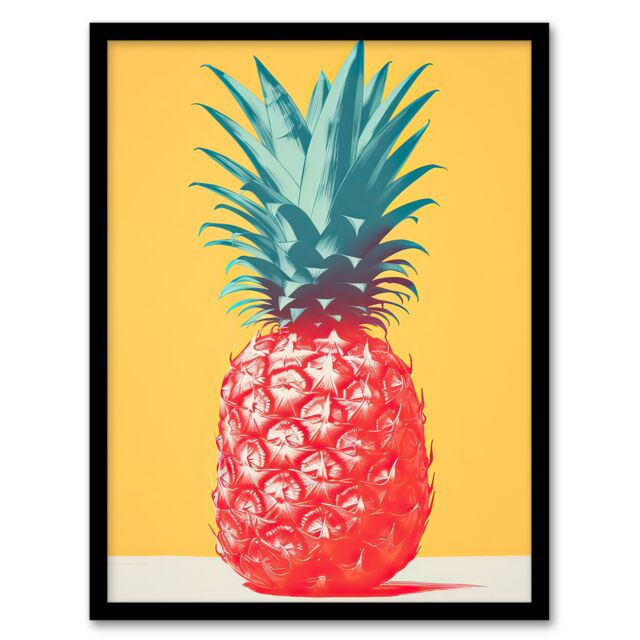 Artery8 Wall Art Print Tropical Radiance Vibrant Pineapple Kitchen Artwork Pink Yellow Green Pop Artwork Framed - Size: A4 - image 1
