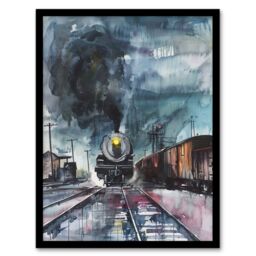 "Artery8 Steam Train Arrival Yard Stormy Day Watercolour Framed Art Print in Blue - Size: W12"" x H16""" - thumbnail 1
