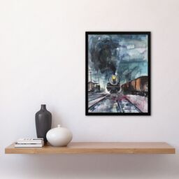 "Artery8 Steam Train Arrival Yard Stormy Day Watercolour Framed Art Print in Blue - Size: W12"" x H16""" - thumbnail 4