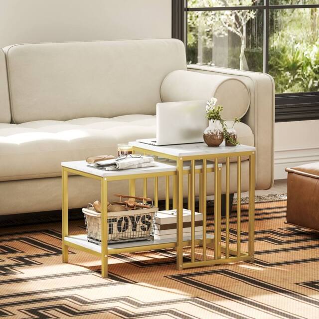 STILVORA 2 Piece Nesting Coffee Table Set with Shelf & Steel Frame in Gold - image 1