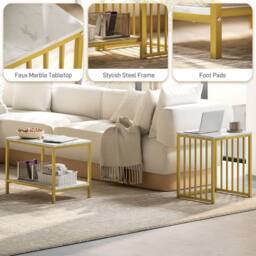 STILVORA 2 Piece Nesting Coffee Table Set with Shelf & Steel Frame in Gold - thumbnail 5