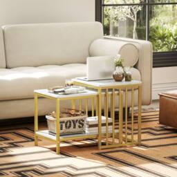 STILVORA 2 Piece Nesting Coffee Table Set with Shelf & Steel Frame in Gold