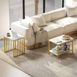 STILVORA 2 Piece Nesting Coffee Table Set with Shelf & Steel Frame in Gold - thumbnail 2