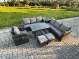 Fimous Outdoor Lounge Sofa Set Wicker PE Rattan Garden Furniture Set with Rectangular Dining Table Reclining Chair Side Table 2 Small Footstools - thumbnail 2
