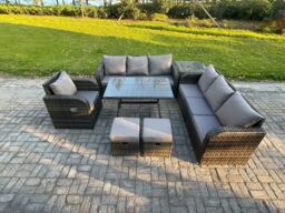 Fimous Outdoor Lounge Sofa Set Wicker PE Rattan Garden Furniture Set with Rectangular Dining Table Reclining Chair Side Table 2 Small Footstools - thumbnail 1