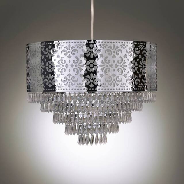 K LIVING Emily Easy Fit Chrome Cutout Pendant Shade with Acrylic Clear Beaded Tiered Chandelier in Metallic Silver - image 1