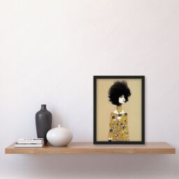 Artery8 Klimt Style Retro Boho Afro Hair Abstract Gold Dress Artwork Framed Wall Art Print A4 in Black - thumbnail 2