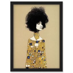 Artery8 Klimt Style Retro Boho Afro Hair Abstract Gold Dress Artwork Framed Wall Art Print A4 in Black - thumbnail 1