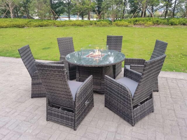 Fimous Rattan Outdoor Garden Furniture Gas Fire Pit Dining Table Gas Heater Burner Table & Chair Sets 6 Seater in Dark Grey - image 1