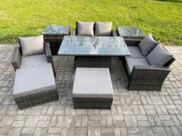 Fimous 7 Seater Outdoor Rattan Patio Furniture Set Garden Height Adjustable Rising Lifting Table Sofa Dining Set with 2 Side Tables 2 Big Footstool - thumbnail 1