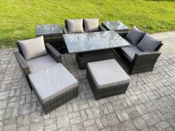 Fimous 7 Seater Outdoor Rattan Patio Furniture Set Garden Height Adjustable Rising Lifting Table Sofa Dining Set with 2 Side Tables 2 Big Footstool - thumbnail 2