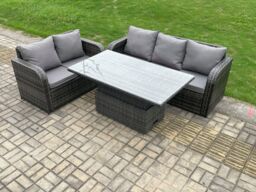 Fimous Outdoor Rattan Garden Furniture Sets Height Adjustable Rising lifting Dining Table Lounge Sofa Set Dark Grey Mixed - thumbnail 1