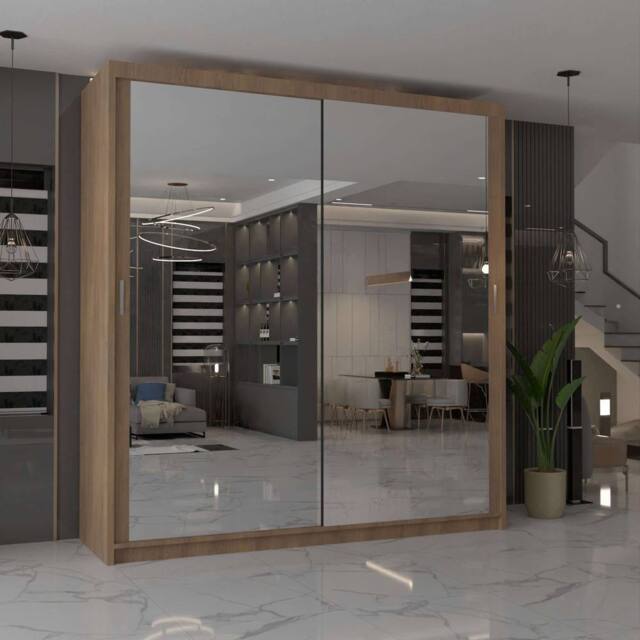 MN Furniture Cuba Sliding Mirror Wardrobe - LED Light 203cm x 217cm in Brown - Size: 203 cm x 217 cm - image 1