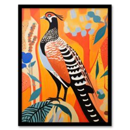 Wee Blue Coo Wall Art Print Autumn Pheasant Bird Portrait Vibrant Folk Art Oil Painting Orange Blue Red Patterns Art Framed - Size: A4 - thumbnail 1