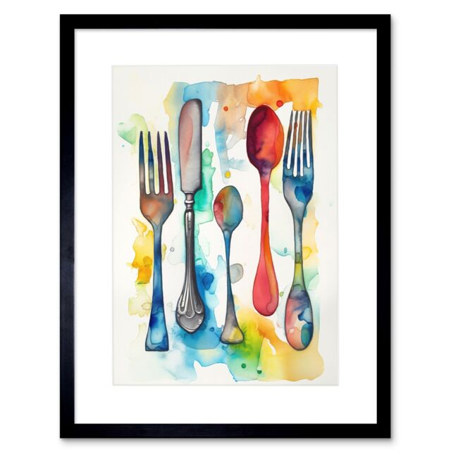 "Artery8 Wall Art Print Cutlery Forks Spoons & Knife Watercolour Painting Kitchen Artwork Framed 9X7 Inch in Black - Size: W7"" x H9""" - image 1