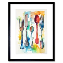 "Artery8 Wall Art Print Cutlery Forks Spoons & Knife Watercolour Painting Kitchen Artwork Framed 9X7 Inch in Black - Size: W7"" x H9""" - thumbnail 1