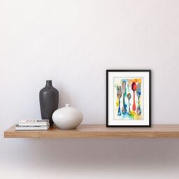 "Artery8 Wall Art Print Cutlery Forks Spoons & Knife Watercolour Painting Kitchen Artwork Framed 9X7 Inch in Black - Size: W7"" x H9""" - thumbnail 2