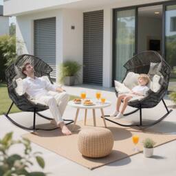 Leaper Oversized PE Rattan Rocking Chair with Thick Cushion in Grey - thumbnail 7
