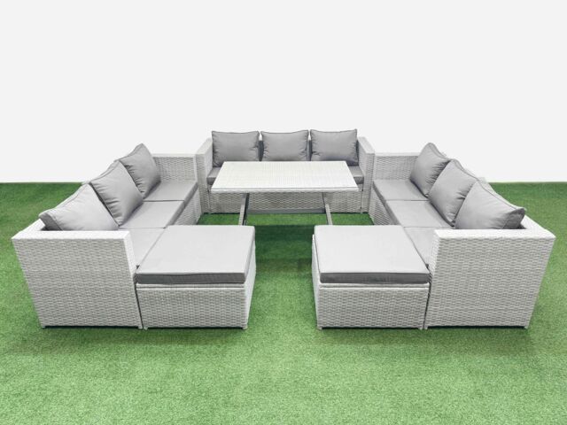 Fimous 11 Seat Patio PE Rattan Garden Furniture with 2 Big Stools Light Grey - image 1