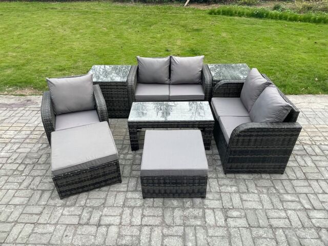 Fimous 8 Pcs Rattan Outdoor Garden Furniture Sofa Set Patio Table & Chairs Set with 2 Side Tables 2 Big Footstool Dark Grey Mixed - image 1