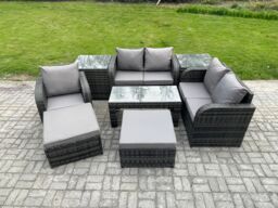 Fimous 8 Pcs Rattan Outdoor Garden Furniture Sofa Set Patio Table & Chairs Set with 2 Side Tables 2 Big Footstool Dark Grey Mixed - thumbnail 2