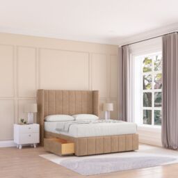 "Sloomy Melbourne Naples Wingback Bed Set, 2 Drawers & 54"" Floor Standing Headboard in Light Sand - Size: Double" - thumbnail 1