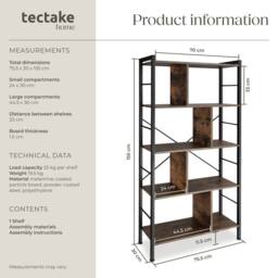 tectake Standing Shelf Charleston 75.5X30X155Cm in Brown - Size: 75.5X30X155 cm - thumbnail 6