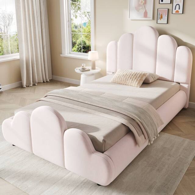 BTM 3FT Velvet Petal Bed Cloud Footboard 90x190 Blush Pink - Size: Single - image 1