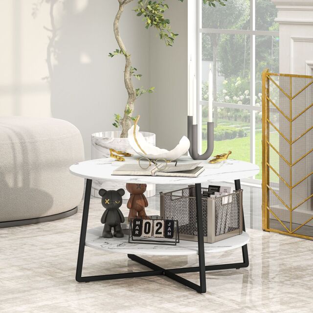 HOMCOM Round Coffee Table with Storage Shelf & Marble Effect Top, White - image 1