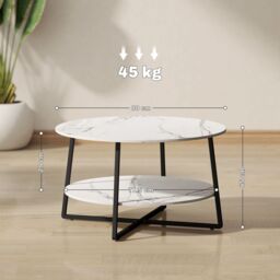 HOMCOM Round Coffee Table with Storage Shelf & Marble Effect Top, White - thumbnail 3