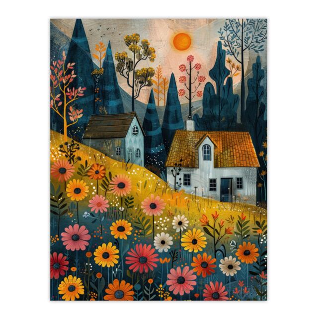 "Artery8 Wall Art Print Countryside Spring Hill House Daisy Flowers Poster - Size: W12"" x H16""" - image 1