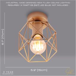 Happy Homewares Vintage Industrial Ceiling Lighting Fitting with Wire Cage Design in Gold - thumbnail 6