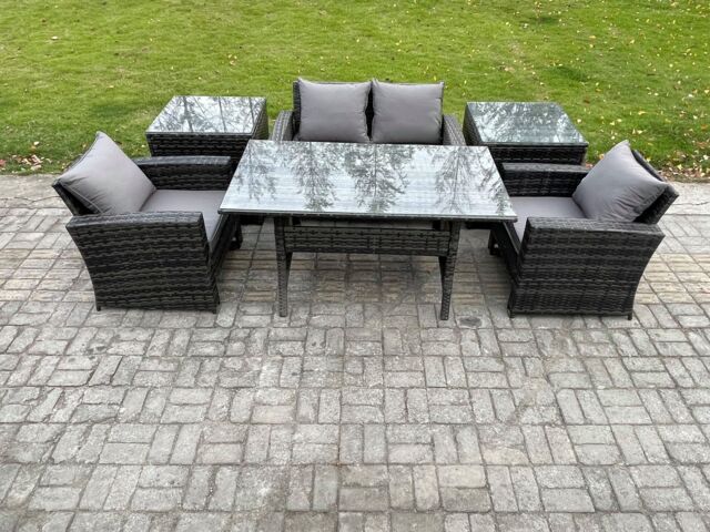 Fimous Wicker Outdoor Garden Furniture Set Patio Furniture Rattan Rectangular Dining Table Lounge Sofa in Dark Grey