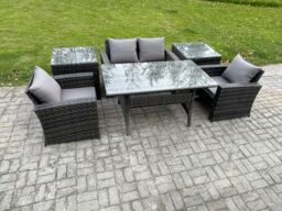 Fimous Wicker Outdoor Garden Furniture Set Patio Furniture Rattan Rectangular Dining Table Lounge Sofa in Dark Grey - thumbnail 2