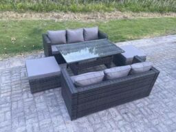 Fimous 8 Seater Outdoor Lounge Sofa Garden Furniture Set Patio Rattan Rectangular Dining Table in Dark Grey - thumbnail 1