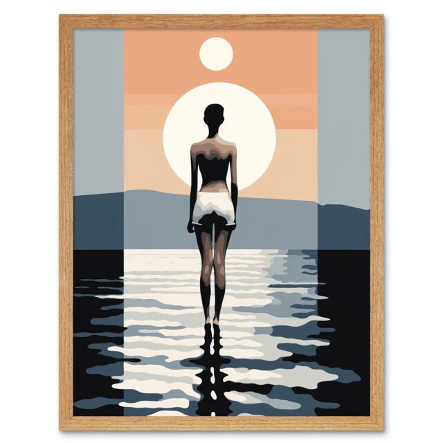 "Artery8 Wall Art Print The Sea is Calling Modern Abstract Minimalist Artwork Sun & Moon Art Framed in Light Oak - Size: W12"" x H16""" - image 1